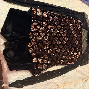 Black and Gold Sequin costume with copper colored rhinestones added. Weissman